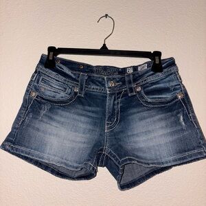 Miss Me Blue Jean Shorts with Distressed Details
